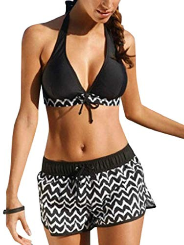 heekpek Tankini Sets for Women with Shorts Two Pieces Swimsuit Halter Neck Bikini Sets Swimsuit Two Pieces Swimwear Plus Size Push Up Padded Bikini Print Bikini, Black, Size L