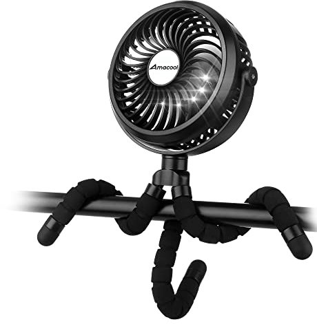 Amacool Pram Fan Battery Operated Stroller Fan Flexible Tripod Clip On fan with 3 Speeds and Rotatable Handheld Personal fans for Car Seat Crib Bike Treadmill(Black)