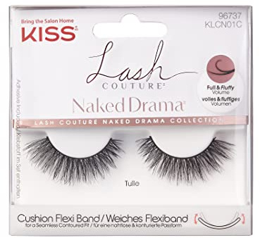 KISS Lash Couture Naked Drama Collection 1 Pair of False Lashes, Tulle, Full and Fluffy Faux Mink Fake Eyelashes with Cushion Flexi Band includes Lash Glue