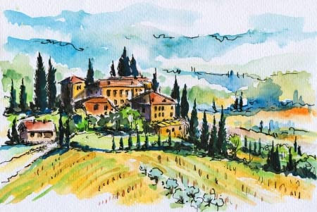 adrium Holz-Bild 110 x 70 cm: Gestalten Sie mit Stadt- und Zypressenbäumen in Toskana, Italien landschaftlich Bild geschaffen mit Aquarellen(18794095)