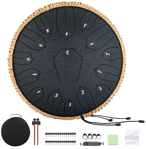 Steel Tongue Drum 12 Zoll 15 Noten: Handpan Drums Set mit Notenbuch Schlägel Tragetasche - Hand Pan Instrument für Erwachsene Musikerziehung Meditation Yoga Chakra (Schwarz) | D-Dur Hand Pan Drums Set mit Musikbuch Schlägel Tragetasche für Erwachsene Musikerziehung Meditation Yoga Chakra Schwarz