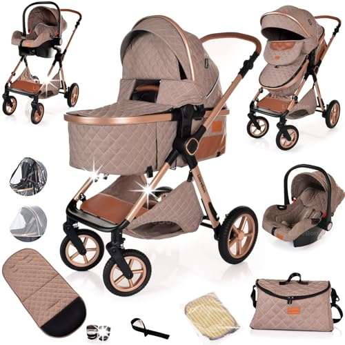 Baby Buggy Pram Pushchair Stroller 3 in 1 Child Lightweight Folding Stroller 3 in 1 Travel System Pram for Newborns & Toddlers from Birth Aluminum (Beige - Rose Gold Frame)