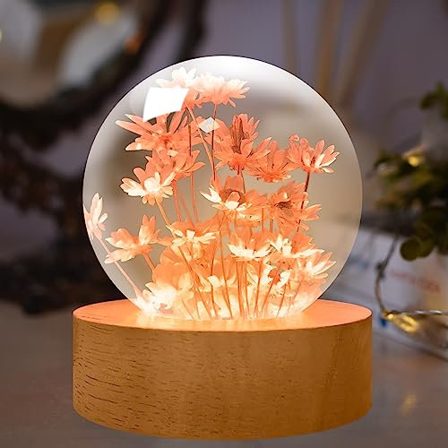 YATOSEEN Lampada a Sfera di Cristallo con Fiore Perpetuo, Luce Notturna D'Atmosfera da 6 cm con Base in Legno, Regalo di Decorazione per la Scrivania per Adulti o Bambini