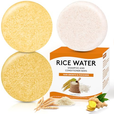 Pubpok Rice Water Shampoo and Conditioner Bar for Hair Growth, Ginger Shampoo Bar for Anti-Hair Loss, Strengthening & Nourishing Soap Bar, PH Balanced, Paraben Free & Silicone Free
