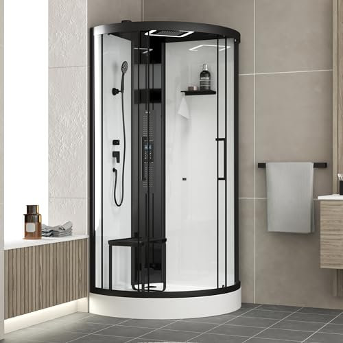Cabina de ducha 1/4 de círculo 95x95x218 cm - Función HAMMAM, chorros hidromasajes, LED y Bluetooth