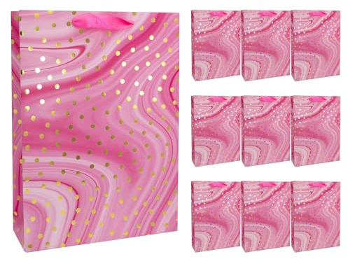Idena 30378-10 - Geschenktüten Dot, 10 Stück, Geschenktaschen in der Größe 25 x 8 x 34,5 cm, Papiertüten in Pink mit goldenen Punkten