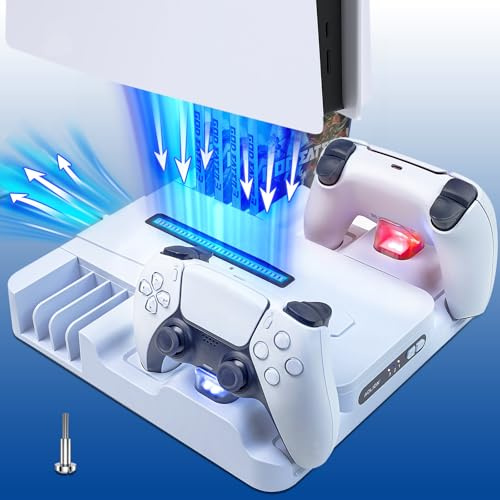 Station de Chargeur pour PS5 Ventilateur de Refroidissement P5 à 3 Vitesses | Chargeur Manette Play 5 avec lumières LED pour PS5 Digital Edition et Disc Edition