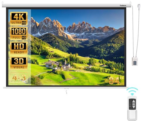 Todeco Schermo di Proiezione Motore 84 Pollici 128 x 170 cm, Telo Proiettore Motorizzato con Telecomando Formato 4:3, Telo Proiettoreper HD 3D, installazione a parete o soffitto