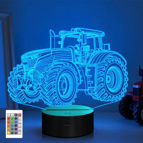 CooPark 3D Traktor Nachtlicht, Truck Illusions Hologramm Nachttisch LED Lampe mit 16 Farbwechseln, Dimmbarer Timer, Coole Schlafzimmer Tischdekoration Geburtstagsgeschenk für Kinder Jungen Teenager