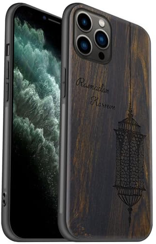Carveit Coque en Bois pour iPhone 11 Pro Étui Protection Artistique Cover TPU Souple de téléphone Antichoc Compatible avec Apple 11 Pro Etui (Bois Sombre-Lanterne gravée)