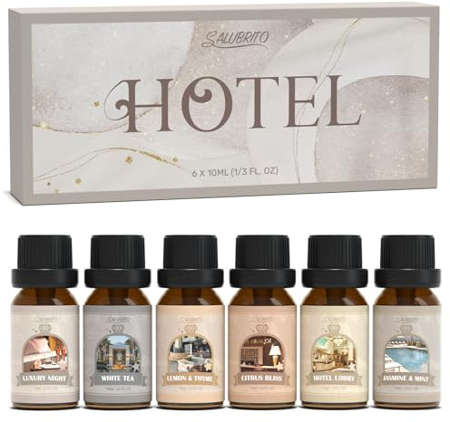 SALUBRITO Hotel Ätherische Öle Set, Luxus Aromatherapie Duftöl für Diffuser, Kerzenherstellung, Luxusnacht, Weißer Tee, Zitrone und Thymian, Citrus Bliss, Hotellobby, Jasmin und Minze Duftöl