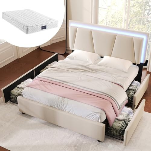 Skcess Polsterbett 160X200Cm Mit Led-Beleuchtung Und 4 Schubladen, Doppelbett Stauraumbetten Bettgestell,Höhenverstellbarem Kopfteil,Beige (Mit Matratze)