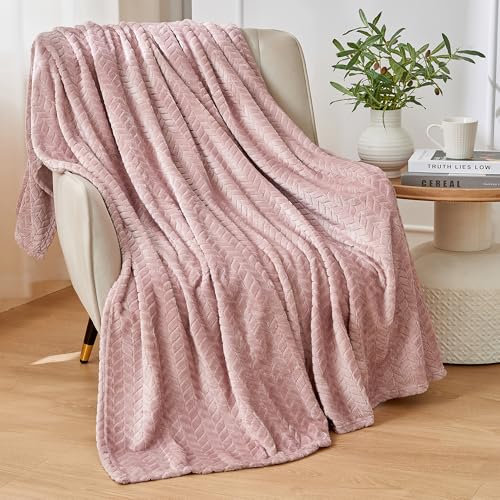 Rendile - Manta de franela de forro polar, 150 x 200 cm, tamaño doble, 300 g/m², tejido jacquard suave, patrón de hojas, manta de lujo para cama y sofá, color rosa