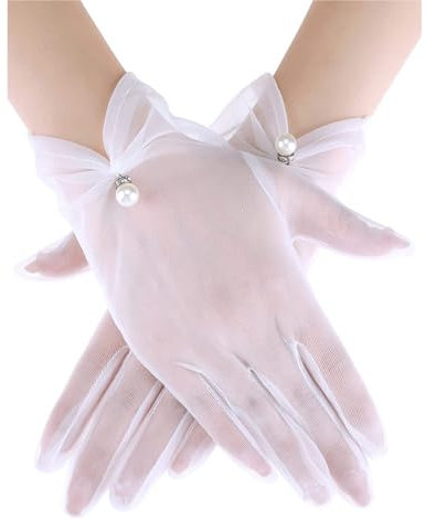 Esshogo Perlen Tüll Stretch Handschuhe für Frauen - Weiße Handschuh Kurze Tüll Handschuhe, Bankett Kleid Handschuhe, Brauthandschuhe Hochzeit Zubehör Hochzeiten Veranstaltungen