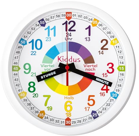 Kiddus Reloj de Pared Pedagógico Infantil para Niña, Niño. Analógico y Silencioso. Aprende la Hora con Nuestro Fácil Sistema Time Teacher. Ejercicios Incluídos. Color Blanco. Deutsch