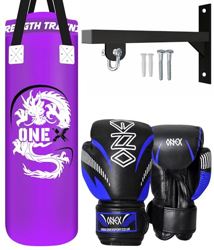 Punch Bag 3FT Heavy Duty Filled Boxing Bag Set Hanging Wall Bracket Punching Gloves MMA Kickboxing Training Muay Thai Karate BJJ Home Gym Fitness Equipment (Purple)