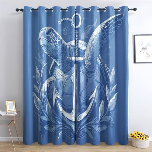 SZLYZM Schildkröten Anker Vorhänge, Verdunklungsvorhänge mit Muster Nautisch Maritim, Vorhang Blickdicht mit Ösen, Gardinen für Wohnzimmer Schlafzimmer Deko 2er Set - 200x140 (H X B)