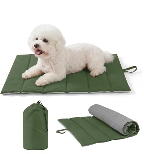 UNIKOME Hundedecke für Unterwegs rutschfeste Antistatische und Langlebige Hundematte, Hundekissen Waschbar Mittelgroße und Kleine Hunde, Reisebett Hund für Reise Outdoor (Grün+Grau, 76 * 48cm)
