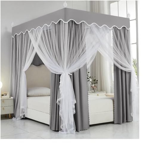 DOUZIO Himmelbett Vorhänge, Schlafzimmer Prinzessin Moskitonetz Mit Rahmen 4 Poster Bett Baldachin Für Mädchen Bett Baldachine & Vorhänge Für Full/King/Queen Size Bett(Size:180×200×200cm,Color:Grau)