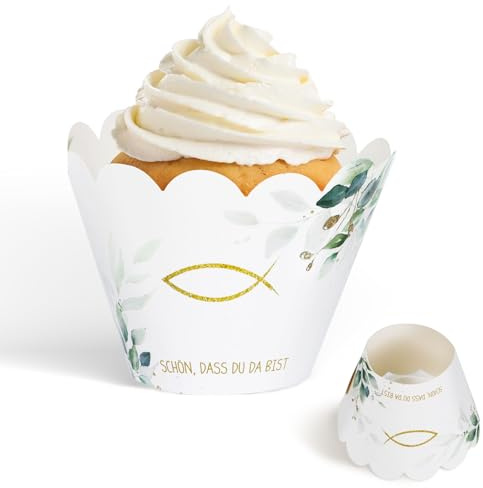 24 Stück Schön, dass du da bist Cupcake Wrappers Taufe Fisch Papier Eukalyptus Muffins Förmchen Pappbecher Papierförmchen Dekoration Muffinförmchen für Kommunion Konfirmation Firmung Party