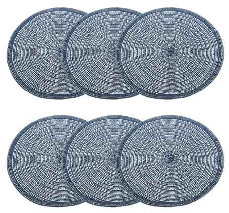 sourcing map 6pcs Round Braided Placemats 12 Non-Slip Round Table Mats for Dining Tables Washable Heat Insulation Woven Placemats Indoor Outdoor for Family Holiday Dinner, Dark Blue