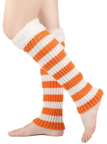 Watreketal Beinstulpen für Damen, Weihnachten, gerippt, gestreift, Wadensocken, pelzige Plüschbündchen, Patchwork-Fußbedeckungen, fußlose Stiefelsocken, Orange-weiße Streifen, 16.14in