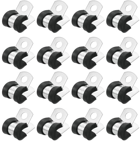 sourcing map 1/4(6mm) Cable Clamp, 304 Stainless Steel Rubber Cushioned Insulated Clamp R Shape Metal Clamp Tube Holder for Pipe Hose Wire Cord Installation 20Pcs