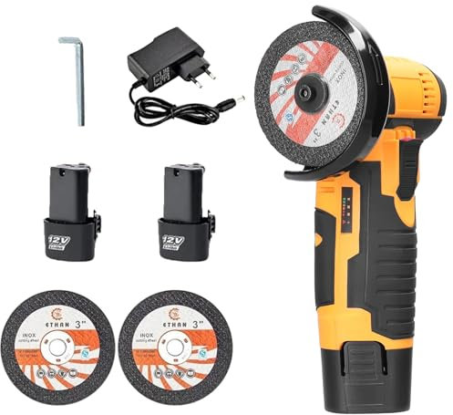 VOLTIX Smerigliatrice Angolare a Batteria 76mm, Mini Smerigliatrice Portatile con 2 Batterie Ricaricabili, Velocità 19500RPM, 2 Dischi Inclusi – Ideale per Taglio e Levigatura