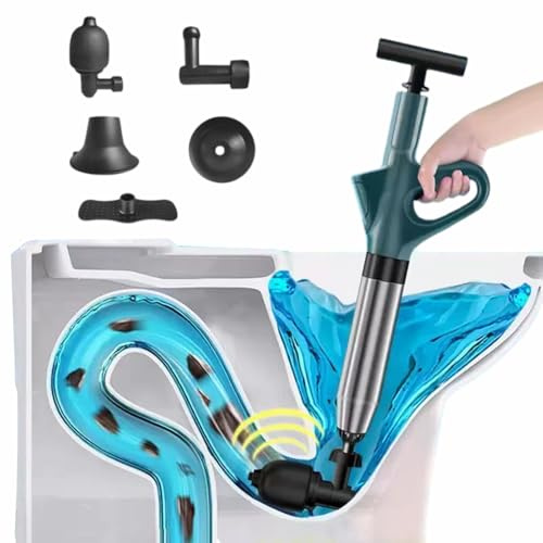 Wenbones Desatascador de Tubos, Desatascador de Inodoro con Barómetro, Desatascador de Tuberías Profesional con Soporte y 4 Cabezales Reemplazables, Compatible con Baño, Fregadero, Cocina, Bañera