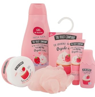 Las Consentidas - Set de mujer cuidado piel niña Fresa Nata, 5 Piezas, Gel de Ducha, Crema Corporal, Crema de Manos, Esponja de Baño, Rosa