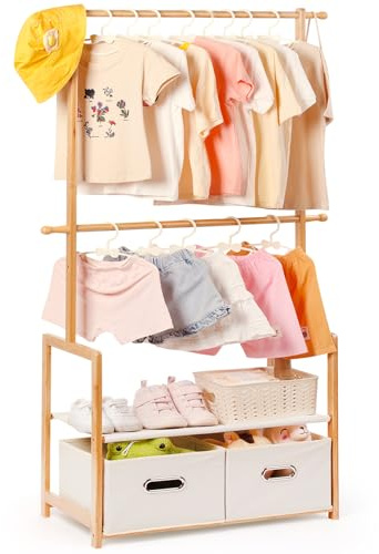 Relquorax Appendiabiti in bambù per bambini, con 2 scatole e 2 aste regolabili, asta appendiabiti e ripiano, per cameretta dei bambini, per bambini e bambine (colore naturale)