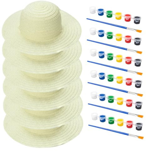 MOUNTTU 6 Set White Straw Hat Set DIY Kids Straw Hats with Pigment Brush Craft Art Painting Cap Tea Party Supplies Gifts for Kids Adults Tea Party Hats Paint Brush