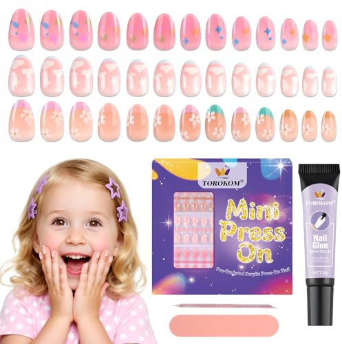 78 unidades de uñas postizas para niños, TOROKOM, lindas uñas artificiales para niños para pegar, cortas en forma de almendra, arte de uñas artificial, con tira adhesiva para uñas