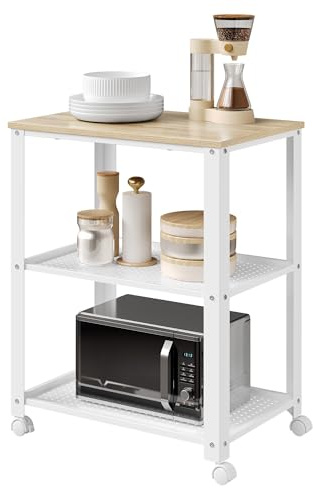 WOLTU Carrello da Cucina a 3 Ripiani, con 4 Ruote Girevoli, per Cucina, Sala da Pranzo, Soggiorno, Legno e Metallo, 60x40x76cm (Bianco+Rovere Chiaro)