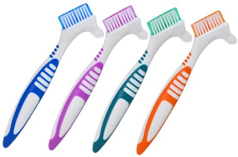 Mipcase Lot De 4 Brosses à Dents Pour Prothèses Dentaires Double Face Ergonomique Poils Souples Couleurs Bleu Vert Orange Violet Pour Nettoyage Quotidien Des Prothèses Dentaires