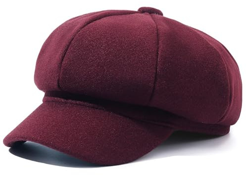 NLAND Schirmmütze Herren Damen Ballonmütze Unisex 8 Panels Newsboy Barett Cap Retro Baskenmütze Kappe Herbst Winter Cabbie Painter Hut(Burgunderrot)