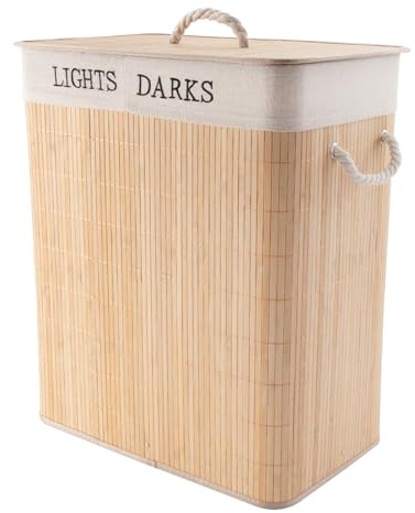 Alex Nash 100L Bamboo Laundry Basket with Lid & 2 Compartments for Lights & Darks – Foldable Double Laundry Hamper for Clothes, Towels & Blankets – Natural Bamboo for Bathroom, Bedroom or Utility Room