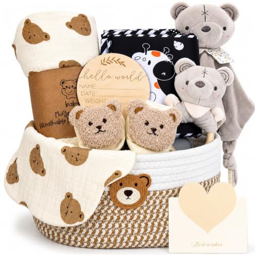 Nyfödd gåva, baby presentset för pojkar/flickor, sensorisk bok, babyfilt, skötstrumpor, skallra haklapp, milstolskort, baby födsel gåva, baby shower