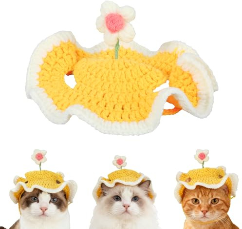 Katzen Geburtstagshut mit Ohrenlöchern, Verstellbar Gestrickter Katzenhut mit Niedrigem Aufrechter Blumen Design für Geburtstagsfeier Feiertag Fotosessions Festliche Dekorationen (Gelb)