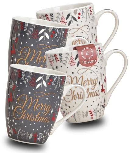 Schönes Ambiente Weihnachtstassen 4er Set - 350 ml Kaffee-Tassen mit modernen Weihnachtsmotiven