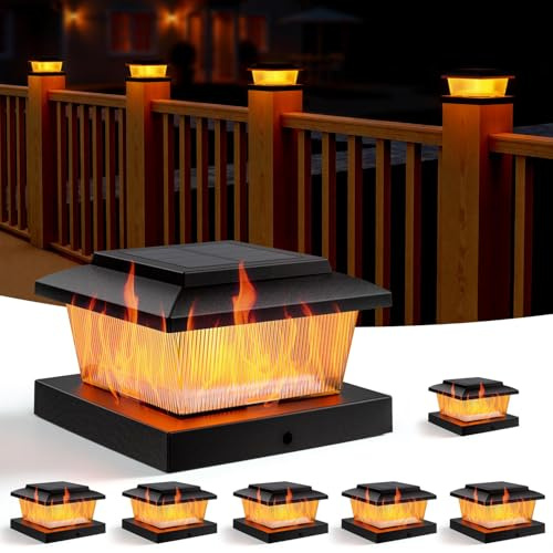 Gresonic 6 Stück Flackernde Flamme Solar Pfostenkappe 10x10, Solarbetriebene, Pfosten Patio Zaunpfahl, Pfostenkappe Warmweiß IP65 Wasserdicht Pfostenlampen für Zaunpfosten (6 Stück Flamme)