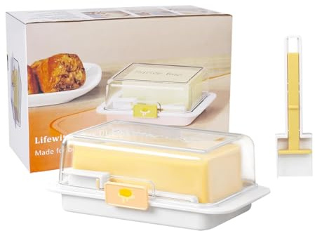 Large Butter Dish, Holds up to 500g of Butter, Butter Dish with Lid and Knife, Airtight Butter Keeper, Plastic Butter Holder Tray with Non-Slip Feet for Countertop and Fridge Refrigerator Door Shelf