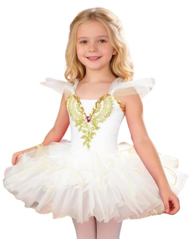 2026 Disfraces de carnaval para niños, Vestido de ballet para niñas, Traje de danza juguetón con suave falda de malla para actuaciones, Blanco, 3-4 años