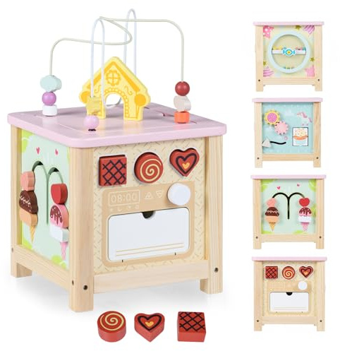 COSTWAY Motorikwürfel Holz, 7 in 1 Spielwürfel mit Motorikschleife & Steckspiel, Activity Würfel mit Stauraum, Baby Lernspielzeug, Montessori Spielzeug für Kinder ab 1 Jahr
