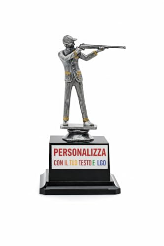 D&Vlab Trofeo Torneo Caccia Tiro 18 cm Argento con Dettagli Oro Personalizzato con Targhetta Bianca – Coppa Premiazioni Sportive Gare