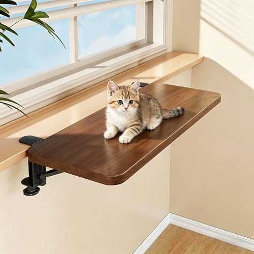 Fensterbank Verbreiterung Innen Fensterbank Erweiterung für Katzen/Klappbares Klemmregal für Schreibtisch, Schreibtisch Erweiterungsablage ohne Bohren(Wood grain C,8.5x25cm(3 3/8x9 7/8))