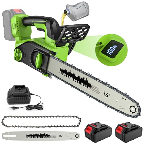 Motosega a Batteria 16 Pollici (40cm), 2200W Motosega Elettrica Brushless con Display LCD, 2 Batterie 4.0Ah, Lubrificazione Automatica, Tensionamento Senza Utensili, per Taglio Legno e Potatura