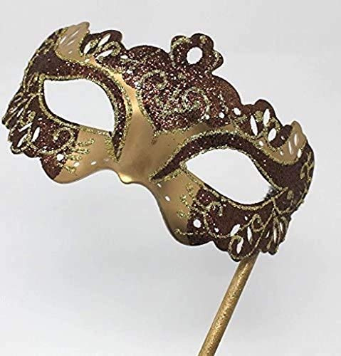 DAMER SPARKLANDE BRUN OCH GULD RIALTO VENETIAN MASQUERADE CARNIVAL PARTY EYE HANDMASK PÅ EN STICKA
