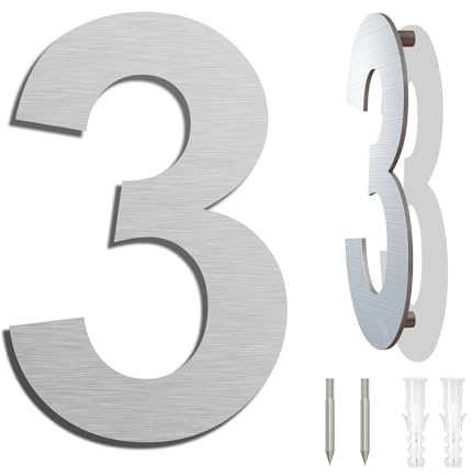 Numéro de maison moderne brossé - 102 mm de hauteur, fabriqué en acier inoxydable 304 massif, aspect flottant et facile à installer (numéro 3)
