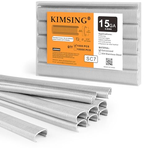 Kimsing SC7 - Grapas de corona en C de calibre 15 de 3/4, anillos en C, aros de cerca, grapas de alambre, sujetadores para pistola de anillo C,1000 unidades por paquete | Corona int. 19mm - ext. 24mm, cierre 4,8-8mm, para pinzas C 15GA, jaulas animales & asientos auto